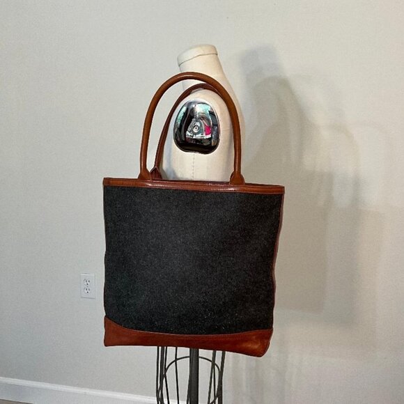 TORY BURCH charcoal grey Wool and brown Leather Tote & Shoulder Bag EUC - Picture 2 of 4
